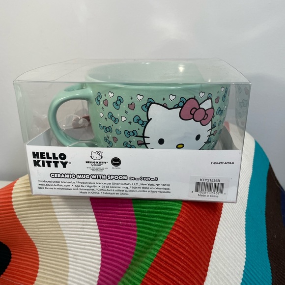 BNIB Hello Kitty Blue Bow Ceramic Soup Mug & Pink Spoon Set - Picture 3 of 7